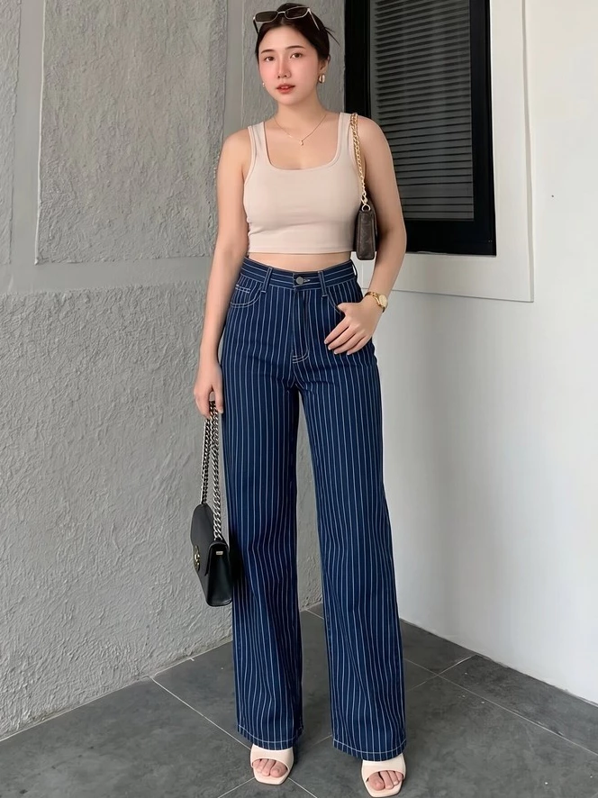 Jhoin Fashion - Celana Highwaist Baggy Jeans Wanita Premium Quality Unisex Kulot Loose Skena Kekinian Motif Salur