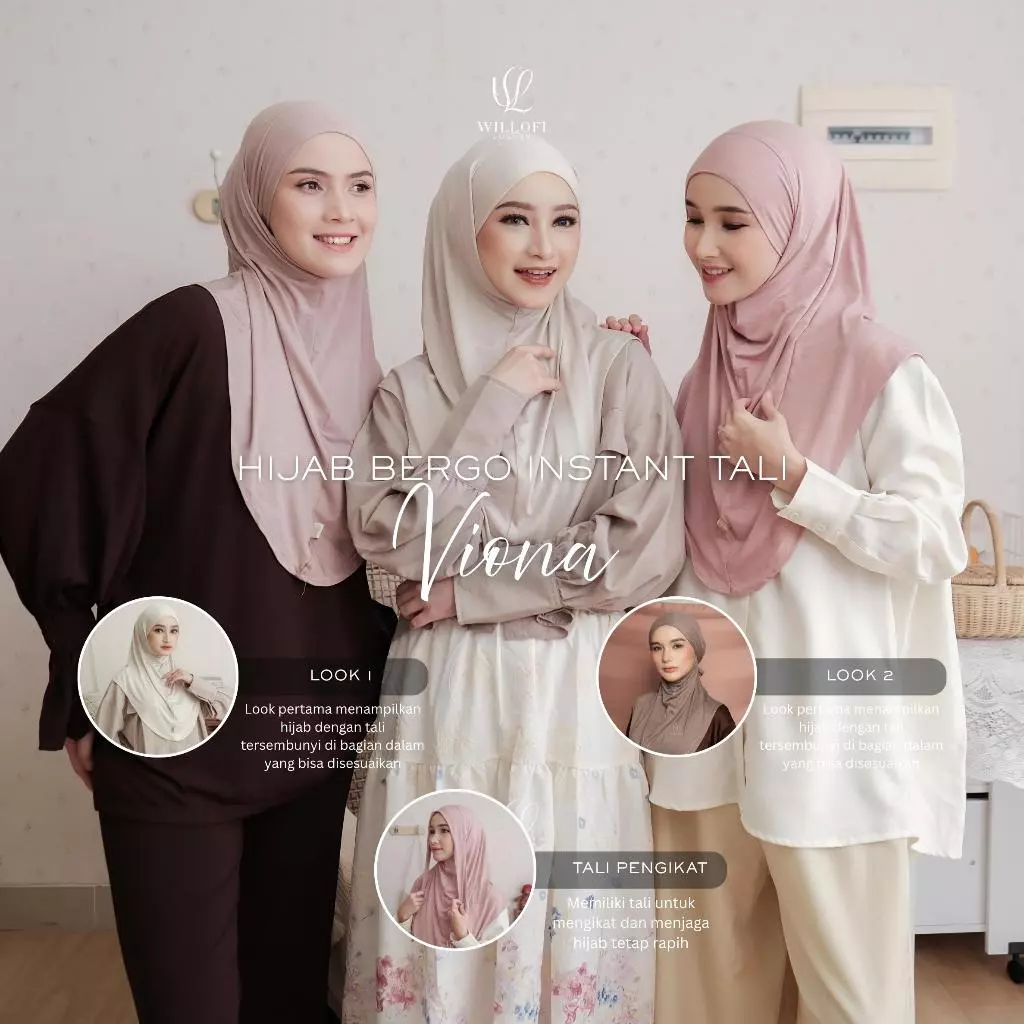 Willofi Hijab - Hijab Bergo Viona Instan Tali Bandana Wanita Muslim Bahan Rayon Anti UV & Anti Bakteri Terbaru 2026