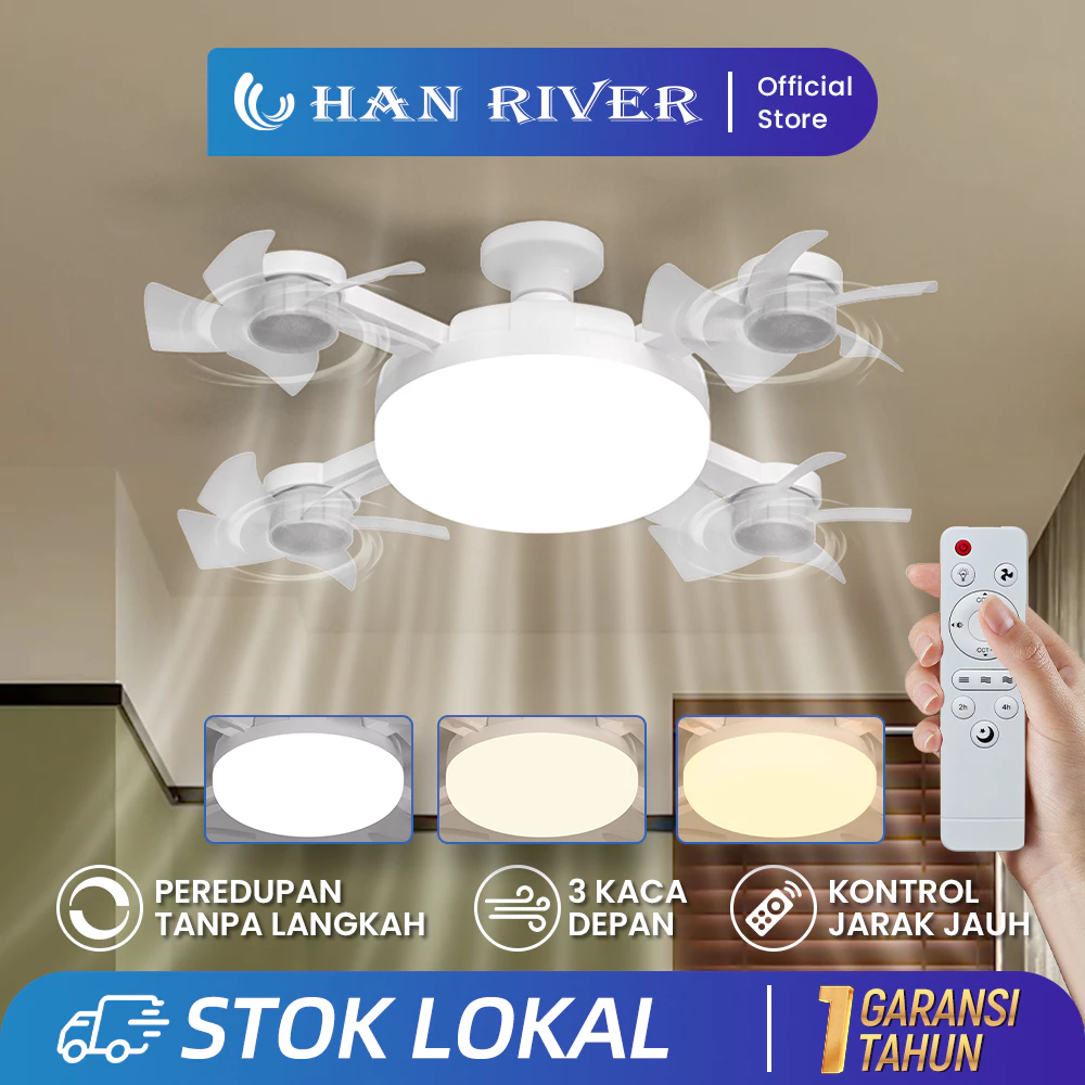 Han River 4Heads Kipas Angin Plafon 60W 2in1 Lampu Kipas Angin LED E27 Multifungsi Dengan Peredupan Remote Control Dapat